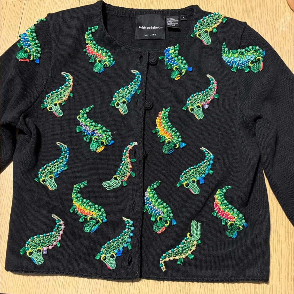 Michael Simon Black Cardigan with Beaded Alligator Design